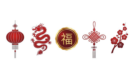 Traditional Chinese Symbols Set Dragon Lantern Fu Knot Plum