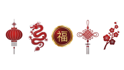 Traditional Chinese Symbols Set Dragon Lantern Fu Knot Plum