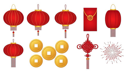 Traditional Chinese New Year Symbols Lanterns Coins Knot Red Envelope