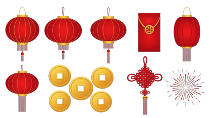Traditional Chinese New Year Symbols Lanterns Coins Knot Red Envelope