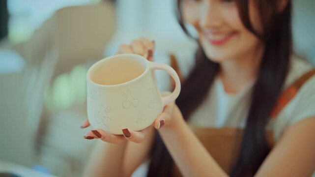Closeup of a female artist's hands delicately painting a red cherry design on a handmade ceramic mug earthenware cup in a pottery studio or workshop