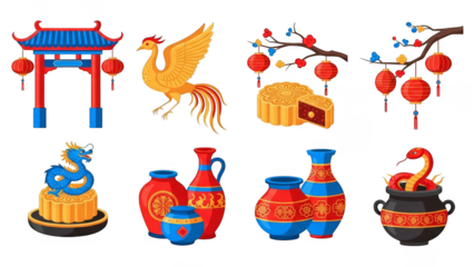 Vibrant Chinese Cultural And Festival Elements Illustration Set
