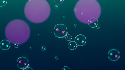 Purple and pink bubbles floating on a dark blue and green gradient background
