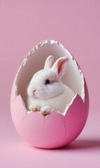 Easter bunny in an eggshell on a pastel backgraund. Gentle spring composition symbolizing Easter.