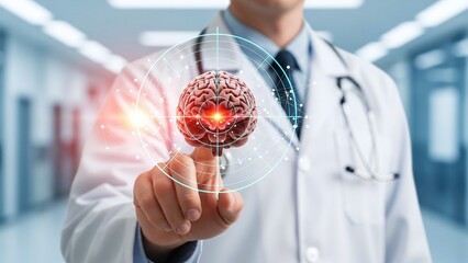 Doctor's hand interacts with a glowing holographic human brain model showcasing neurological activity and advanced medical technology.