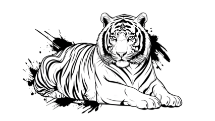 Tiger illustration with black paint splatters on transparent background for creative design projects