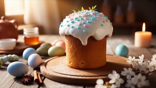 Easter cake decorated with icing and sprinkles on wooden table  