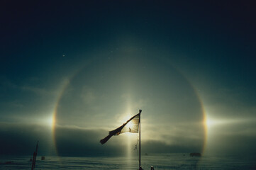 A spectacular solar halo with sun dogs in diamond dust on the Brunt Ice Shelf in the midnight sun...