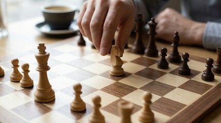 Strategic Chess Move, Player Focus, Cafe Setting, Photo, Indoor, Close-up, Game Tactics