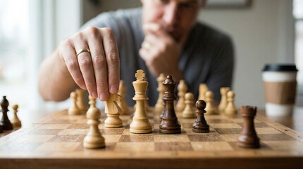 Strategic Chess Match, Player Focus, Indoor Setting, Photo, Closeup View, Intense Thinking