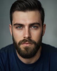 Obraz premium handsome man with beard looking at camera, portrait of attractive male model with blue eyes on gray background.