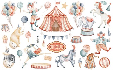 Watercolor circus clipart set with clowns, animals, performers, and circus elements for cards, posters, and invitations. Drawing for children, nursery. © Elena