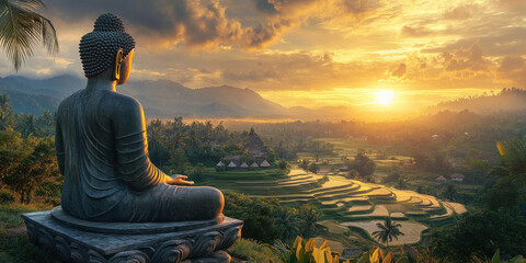 Buddha statue meditating over an expansive landscape, golden sunset illuminating terraced rice fields and lush green mountains in a peaceful Asian vista