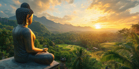 Buddha statue meditating over an expansive landscape, golden sunset illuminating terraced rice fields and lush green mountains in a peaceful Asian vista