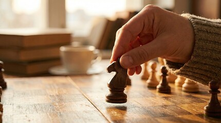 Close-Up of Hand Positioning Knight on Wooden Board in Cozy Room