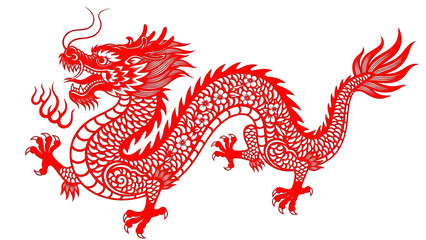 Vibrant Red Chinese Dragon Paper Cut Style Art On Black