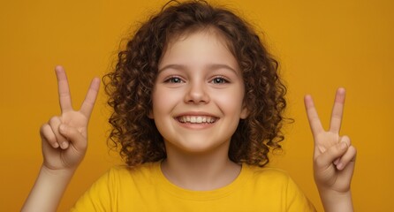 happy little girl with curly hair smiling and showing peace signs on a vibrant yellow background.