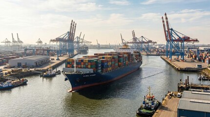 Cargo Ship Navigating Port, Maritime Transport, Industrial Area, Aerial View, Daytime, Shipping Operations