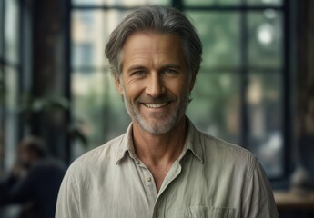 confident mature man with gray hair smiling at camera in modern office setting