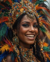 beautiful african woman in vibrant carnival costume smiling at camera with detailed headdress and jewelry.