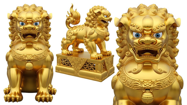 Golden foo dog statues isolated on transparent background for decoration and design