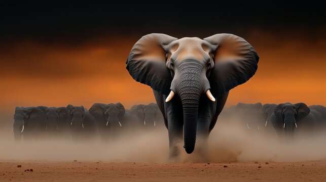 Powerful wildlife action captured as elephant charges through sunset dust and silhouettes