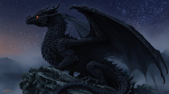 Majestic black dragon guardian in a misty realm with ember-lit eyes