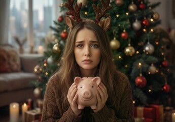 worried woman with reindeer antlers holding a piggy bank in front of a decorated christmas tree, financial anxiety concept.