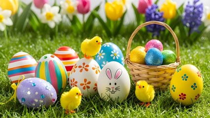 Colorful easter eggs and chicks in a basket on grass