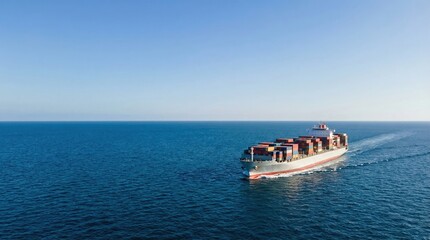 Container Ship Navigating Open Waters, Maritime Transport, Ocean View, Photography, Clear Sky