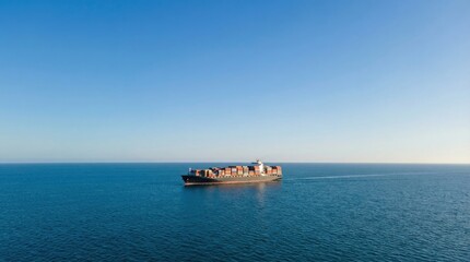Cargo Ship Navigating Calm Waters at Sunrise, Aerial View, Maritime Environment, Tranquil Scene