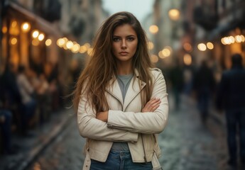 confident young woman with long hair in leather jacket standing on city street with blurred background.