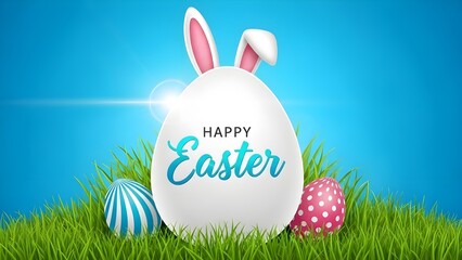 Easter egg bunny greeting with colorful eggs on grass