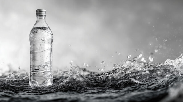 Clear plastic bottle of crystal pure water on dark blue rippling surface with strong waves, splashes and reflections. Cool tones, dynamic motion and refreshing feel. Perfect for drinking water ads, hy