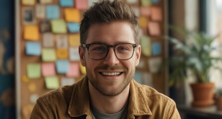 confident millennial man with beard smiling at camera in modern office setting with sticky notes