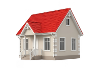 Charming cottage with red roof and white porch isolated on transparent background