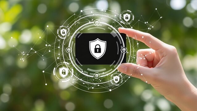 Human hand carefully holds a credit card featuring a shield and padlock, symbolizing robust digital data security and privacy. - Powered by Adobe