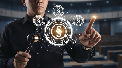 Man holds a gavel and interacts with a holographic interface displaying legal icons, symbolizing law, justice, and digital regulations.