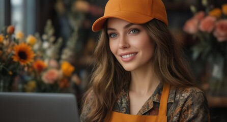 friendly female florist with vibrant sunflowers in a flower shop smiling at the camera