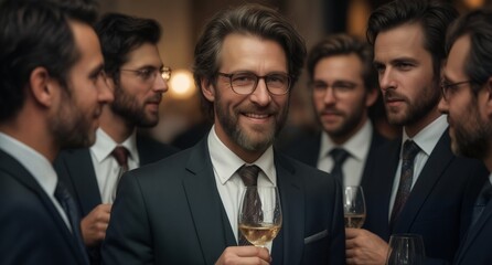 confident businessman smiling with wine among colleagues at a sophisticated networking event.