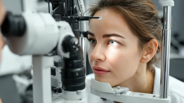 Closeup of a female patient having her eyes checked using advanced diagnostic tools during a routine eye exam. Ophthalmologist carefully assessing vision and eye condition for optimal care