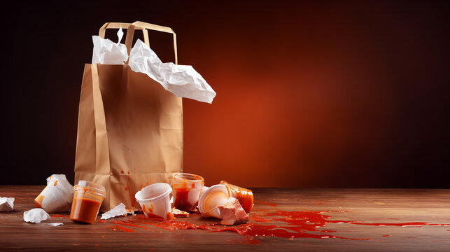 Paper garbage bags, ketchup. fastfood