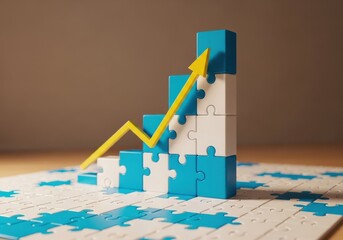 Strategic Growth Puzzle: Bar chart steps built from jigsaw pieces with a sharp ascending arrow indicating business success and financial targets.