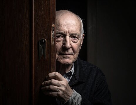 Persona mayor tras una puerta entreabierta