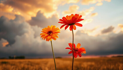 Close-up of wildflowers at sunset. Floral landscape