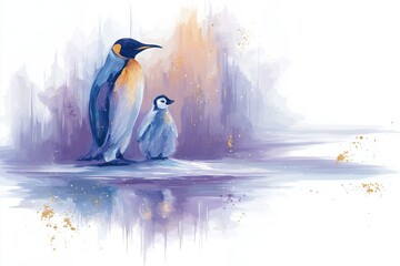Watercolor illustration of emperor penguin with baby standing on ice floe, arctic wildlife scene with soft abstract background, isolated on white