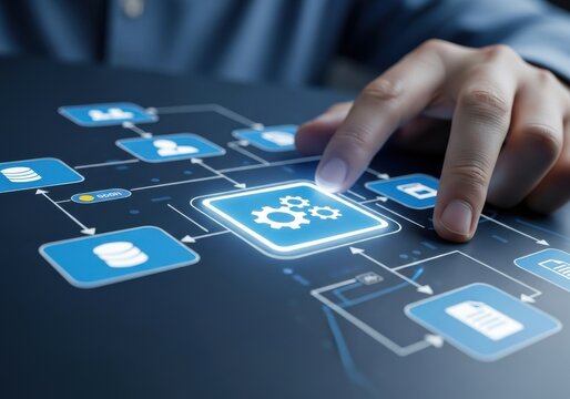Business Professional Tapping Digital Gear Icon on Screen Flowchart, Illustrating Process Optimization and Workflow Automation Planning Concept.