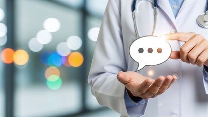 Medical professional in a white coat is holding a glowing digital speech bubble with three dots.