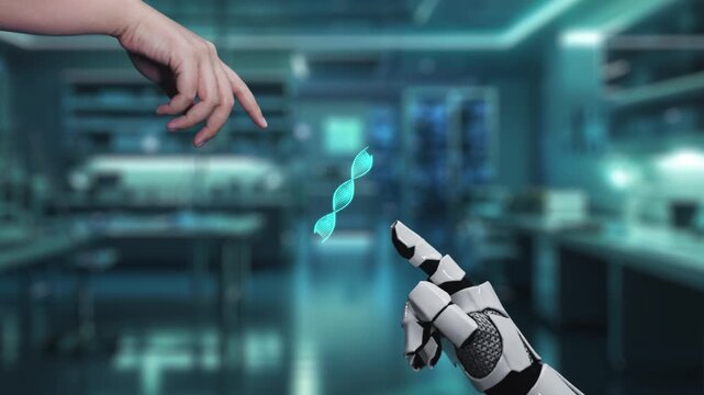 Robot and human reaching hand and pointing finger with DNA holographic floating. Close up of robotic hand and human working together while pointing finger at blurred laboratory background. Salubrious.