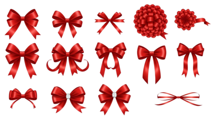 Red Bows Collection, Ribbon Bow Set, Christmas Decorations, Gift Bows Isolated Transparent Background